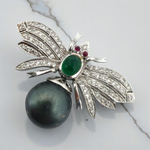 Vintage Black Pearl Emerald Diamond & Ruby Bee Brooch