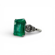 Vintage 4.98 Carat Colombian Emerald French Cut Diamond Platinum Ring GIA