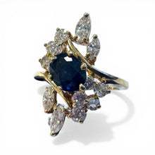 Vintage Retro Sapphire & Diamond Cocktail Ring 14K Yellow Gold
