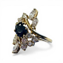 Vintage Retro Sapphire & Diamond Cocktail Ring 14K Yellow Gold