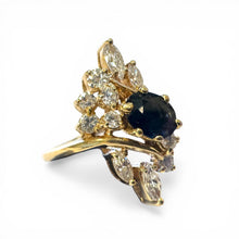 Vintage Retro Sapphire & Diamond Cocktail Ring 14K Yellow Gold