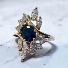 Vintage Retro Sapphire & Diamond Cocktail Ring 14K Yellow Gold