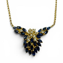 Vintage Sapphire & Diamond Cluster Necklace 14K Yellow Gold
