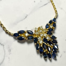 Vintage Sapphire & Diamond Cluster Necklace 14K Yellow Gold