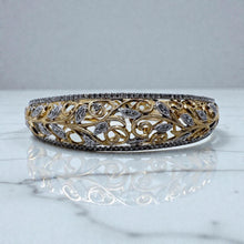 Two Toned Diamond Filigree Style Bangle Bracelet 14K Gold