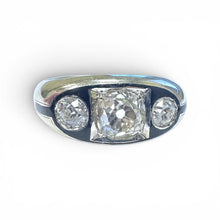 Vintage Art Deco Black Enamel Three Stone Old Mine Cut Diamond Ring