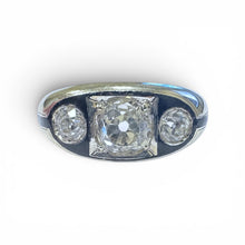 Vintage Art Deco Black Enamel Three Stone Old Mine Cut Diamond Ring