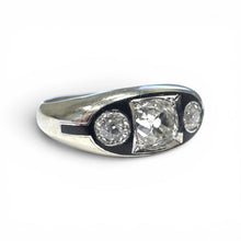 Vintage Art Deco Black Enamel Three Stone Old Mine Cut Diamond Ring