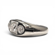 Vintage Art Deco Black Enamel Three Stone Old Mine Cut Diamond Ring