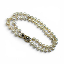 Vintage Double Strand Pearl Bracelet Sapphire & Diamond 14K Yellow Gold