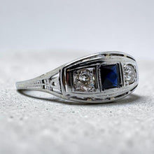 Vintage 18K White Gold Sapphire & Diamond Three Stone Ring
