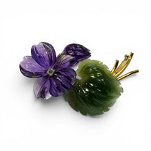 Vintage 14k Yellow Gold Carved Amethyst and Jade Brooch