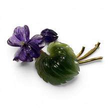 Vintage 14k Yellow Gold Carved Amethyst and Jade Brooch