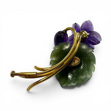 Vintage 14k Yellow Gold Carved Amethyst and Jade Brooch