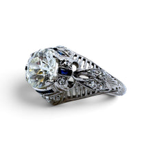 Vintage Art Deco 1.37 Carat Old European Diamond & Sapphire Engagement Ring GIA
