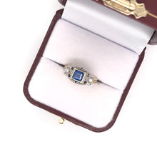 ANTIQUE ART DECO FRENCH CUT BLUE SAPPHIRE TWO GOLD TONE FILIGREE RING
