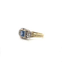 ANTIQUE ART DECO FRENCH CUT BLUE SAPPHIRE TWO GOLD TONE FILIGREE RING