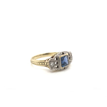 ANTIQUE ART DECO FRENCH CUT BLUE SAPPHIRE TWO GOLD TONE FILIGREE RING