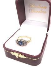 ANTIQUE ART DECO FRENCH CUT BLUE SAPPHIRE TWO GOLD TONE FILIGREE RING