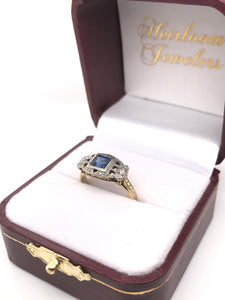 ANTIQUE ART DECO FRENCH CUT BLUE SAPPHIRE TWO GOLD TONE FILIGREE RING