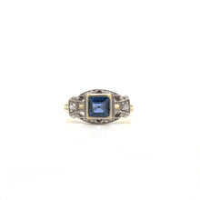 ANTIQUE ART DECO FRENCH CUT BLUE SAPPHIRE TWO GOLD TONE FILIGREE RING
