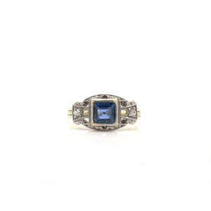 ANTIQUE ART DECO FRENCH CUT BLUE SAPPHIRE TWO GOLD TONE FILIGREE RING