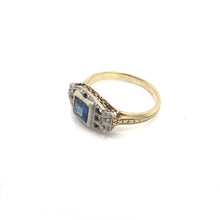 ANTIQUE ART DECO FRENCH CUT BLUE SAPPHIRE TWO GOLD TONE FILIGREE RING