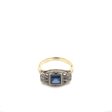 ANTIQUE ART DECO FRENCH CUT BLUE SAPPHIRE TWO GOLD TONE FILIGREE RING