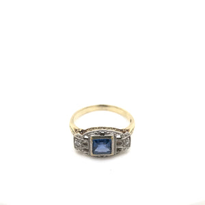 ANTIQUE ART DECO FRENCH CUT BLUE SAPPHIRE TWO GOLD TONE FILIGREE RING