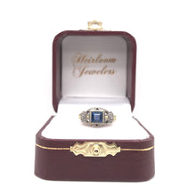 ANTIQUE ART DECO FRENCH CUT BLUE SAPPHIRE TWO GOLD TONE FILIGREE RING