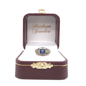 ANTIQUE ART DECO FRENCH CUT BLUE SAPPHIRE TWO GOLD TONE FILIGREE RING
