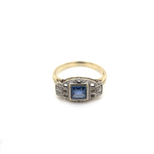 ANTIQUE ART DECO FRENCH CUT BLUE SAPPHIRE TWO GOLD TONE FILIGREE RING