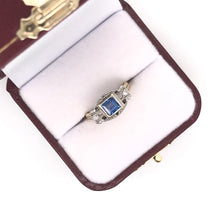 ANTIQUE ART DECO FRENCH CUT BLUE SAPPHIRE TWO GOLD TONE FILIGREE RING