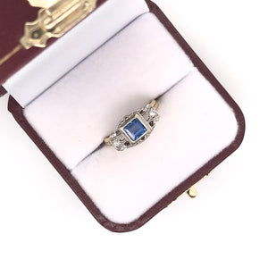 ANTIQUE ART DECO FRENCH CUT BLUE SAPPHIRE TWO GOLD TONE FILIGREE RING