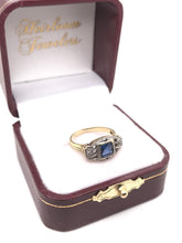 ANTIQUE ART DECO FRENCH CUT BLUE SAPPHIRE TWO GOLD TONE FILIGREE RING