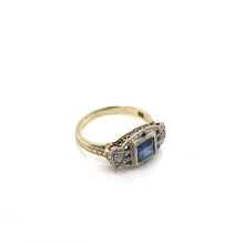 ANTIQUE ART DECO FRENCH CUT BLUE SAPPHIRE TWO GOLD TONE FILIGREE RING