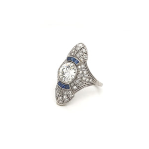 ANTIQUE ART DECO DIAMOND AND FRENCH CUT SAPPHIRE DINNER RING