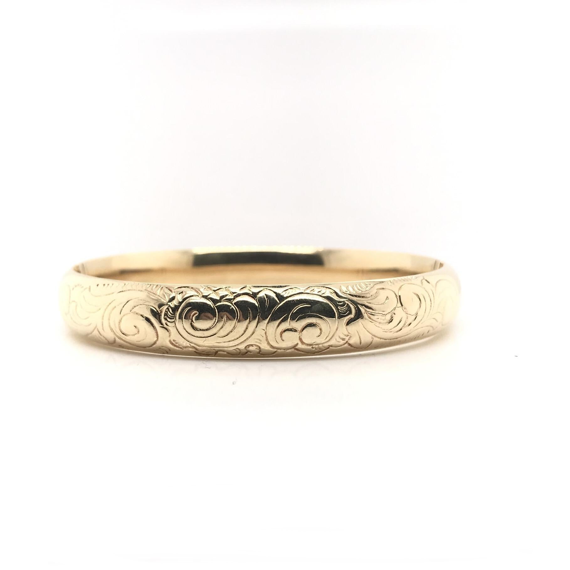 Vintage 14k Yellow Gold Floral Engraved Bangle Bracelet Fine