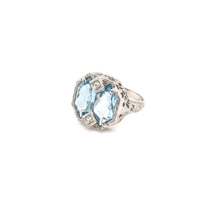 ART DECO CUSTOM CUT AQUAMARINE FILIGREE RING