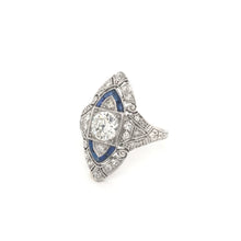 ART DECO 1 CARAT DTW DIAMOND AND SAPPHIRE PLATINUM RING