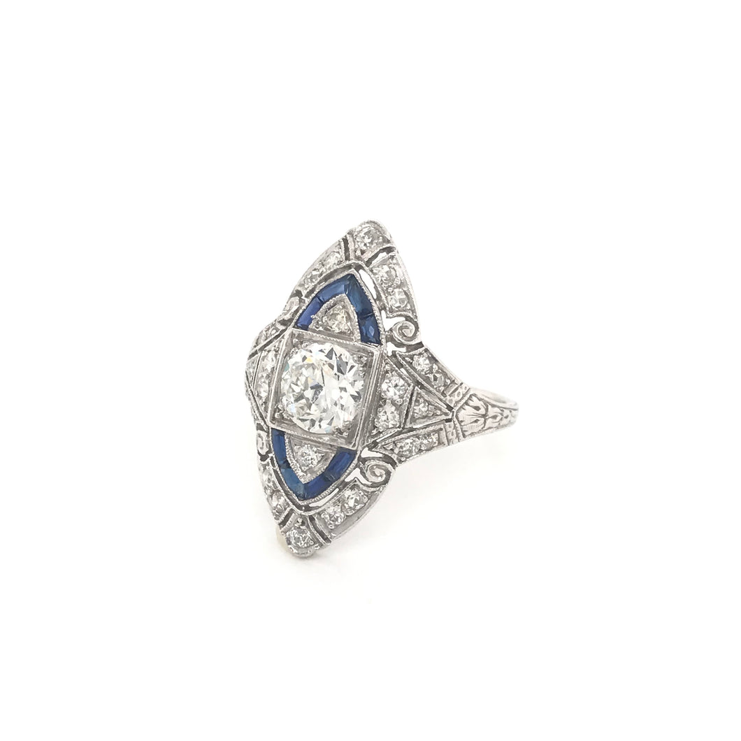 ART DECO 1 CARAT DTW DIAMOND AND SAPPHIRE PLATINUM RING