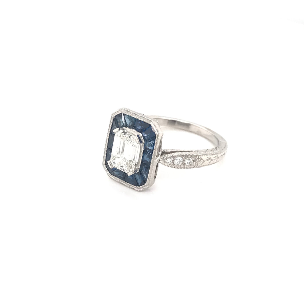 ANTIQUE STYLE 1.12 CARAT DIAMOND SAPPHIRE AND PLATINUM RING