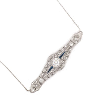 ANTIQUE 0.65 CARAT DIAMOND SAPPHIRE AND PLATINUM FILIGREE NECKLACE