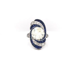 ART DECO 3.15 CARAT DIAMOND AND SAPPHIRE PLATINUM RING