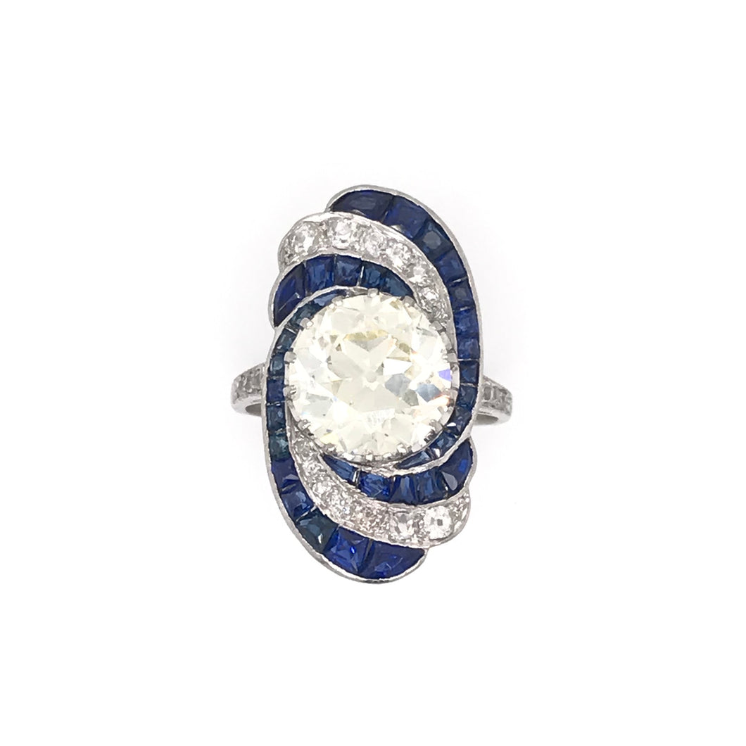 ART DECO 3.15 CARAT DIAMOND AND SAPPHIRE PLATINUM RING