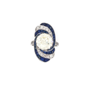 ART DECO 3.15 CARAT DIAMOND AND SAPPHIRE PLATINUM RING