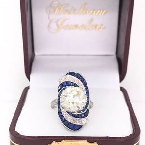 ART DECO 3.15 CARAT DIAMOND AND SAPPHIRE PLATINUM RING