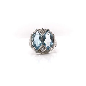 ART DECO CUSTOM CUT AQUAMARINE FILIGREE RING