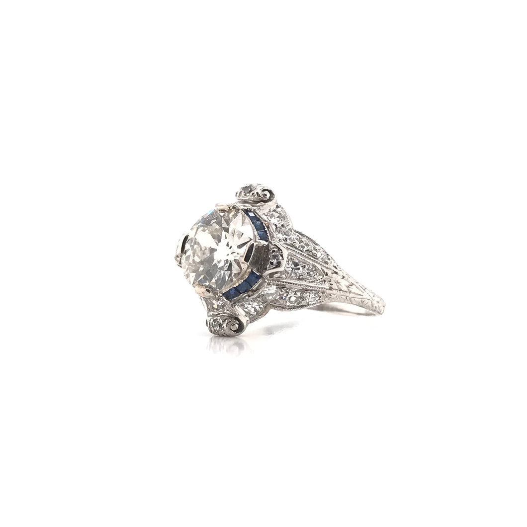 EDWARDIAN 2.06 CARAT DIAMOND SAPPHIRE AND PLATINUM FILIGREE RING