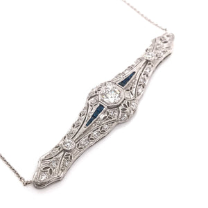 ANTIQUE 0.65 CARAT DIAMOND SAPPHIRE AND PLATINUM FILIGREE NECKLACE